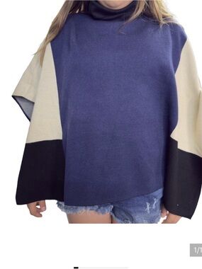 THML Colorblock Navy Poncho Sweater - Women